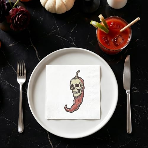 RUSPEPA 25 Pcs Skull Chili Pepper Cocktail Napkins - 3 Ply, 5x5 Inch