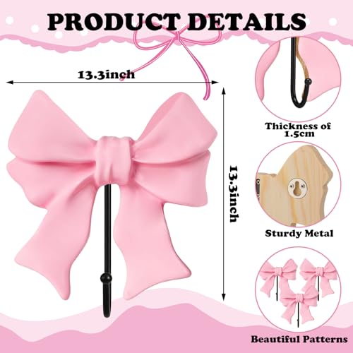 Pink Bow Coat Hooks - 3 Pack Wooden Wall-Mounted Hangers