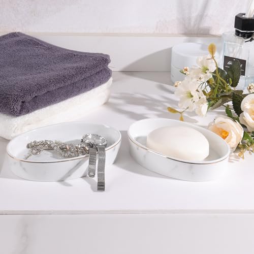Ceramic White Marble Soap Dish Holder - Oval Design, Easy Clean