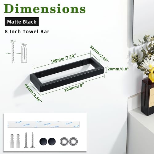 Alise 8-Inch Matte Black Hand Towel Bar, SUS304 Stainless Steel Wall Mount