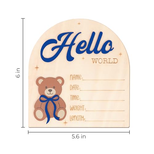 Wooden Hello World Baby Announcement Sign with Bear - Newborn Photo Prop