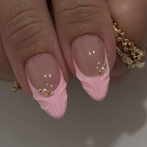 Lukmexor French Tip Press On Nails Medium Almond Fake Nails with Gold Pearl and Flower Designs