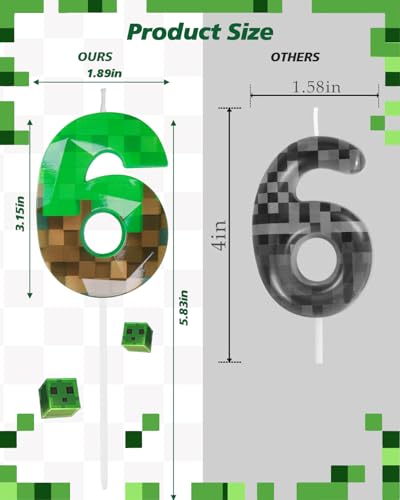 Pixel Number 6 Birthday Candle, Green Miner Theme Cake Topper (2.68 Inch)