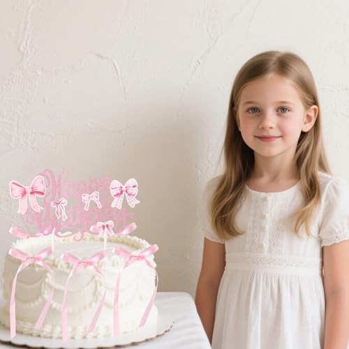 Retro Bow Cake Topper Set with Happy Birthday Sign - 10 Pieces