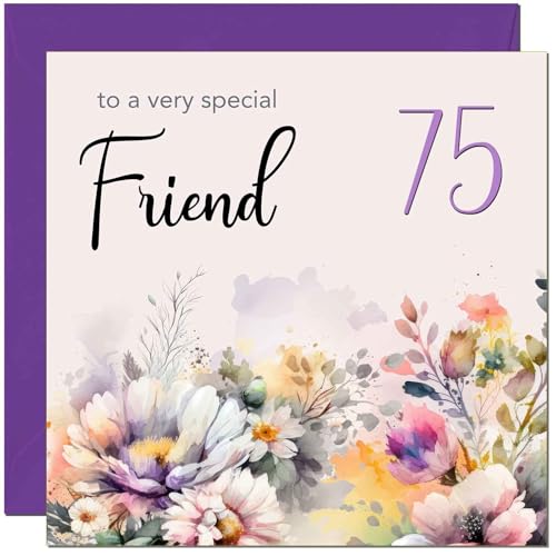 75th Birthday Card for Friend - Purple Floral Design