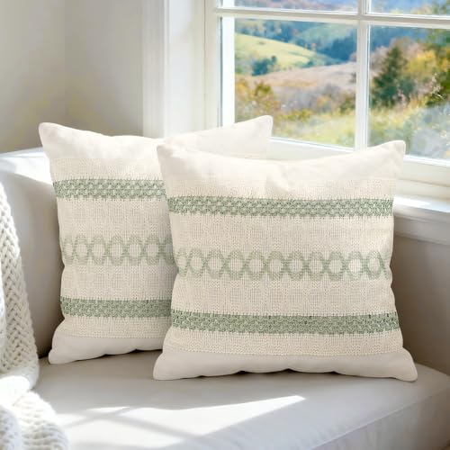 Hibate Sage Green Macrame Throw Pillow Covers 18x18 Inch, Set of 2 (Type B)