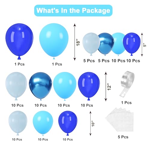 Blue Balloon Arch Kit - 102pcs Royal, Pastel & Metallic Blue Balloons
