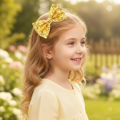 MBAIYO Gold Glitter Hair Bows 3-Pack Sparkly Sequin Bow Clips for Girls