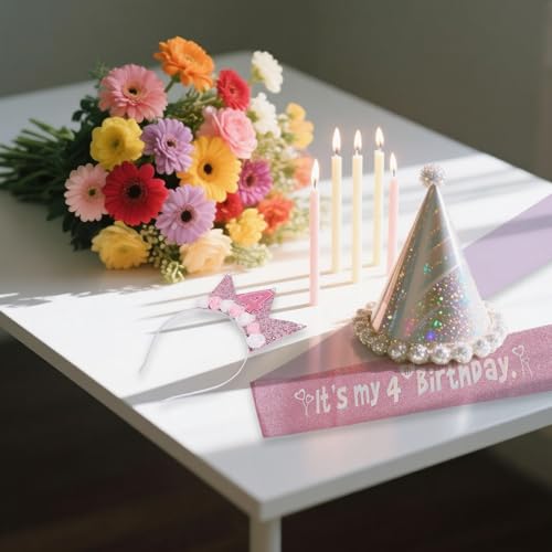4th Birthday Girl Crown and Glitter Sash Set