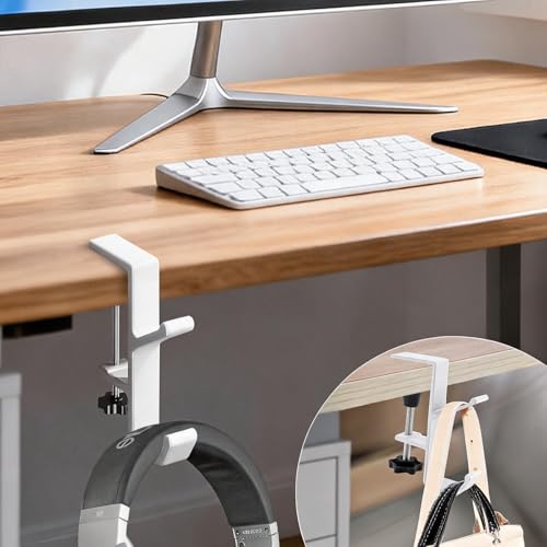 CaLeQi 1 Pcs Double Hook White Desk Mount Bag Holder Clamp - Versatile Organizer