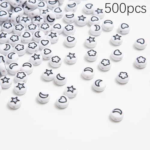 500 Pcs Acrylic Round Pony Beads - Heart, Star, Moon Patterns
