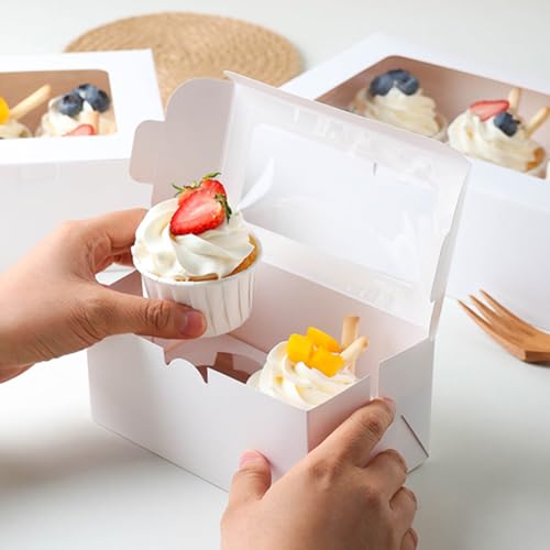 10 Pack White 2-Cavity Cupcake Boxes with Clear Window for Bakery Treats