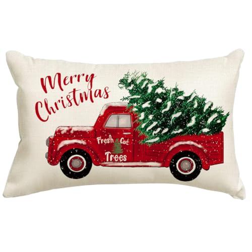 Red Truck Christmas Pillow Cover 20x12 Inches Holiday Home Decor - White / Pack of 1
