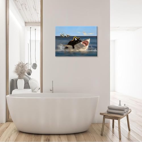 Funny Black Cat Biting Shark Wall Art - 12x16 Unframed Print