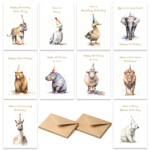 Birthday Greeting Card Multipack Set - 10 Watercolor Animal Designs, Blank Inside with Envelopes