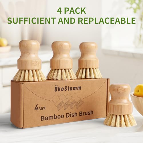ÖkoStamm Bamboo Dish Brush Set - 4 Pack Natural Sisal Bristle Scrubbers
