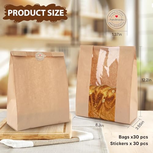 30 Pack Bread Paper Bags with Window & Labels - Homemade Bread Storage Bags