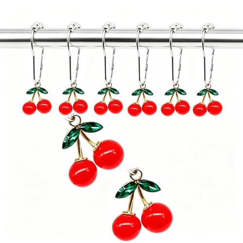 12 Cherry-Decorated Stainless Steel Shower Curtain Hooks - Rust-Resistant