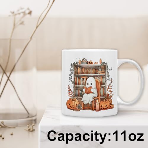 Halloween Reading Ghost Mug - White 11oz Ceramic Coffee Cup for Book Lovers