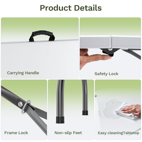 Simple Deluxe Foldable Table - Heavy Duty Portable Plastic Top & Steel Legs, Built-in Handle for Indoor Outdoor Party, Camping, White 4 FT, Standard
