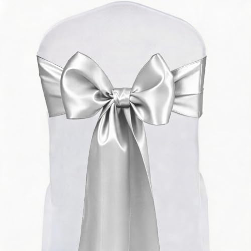 Silver Satin Chair Sashes 50 Pack Wedding Decorations Banquet Ribbons
