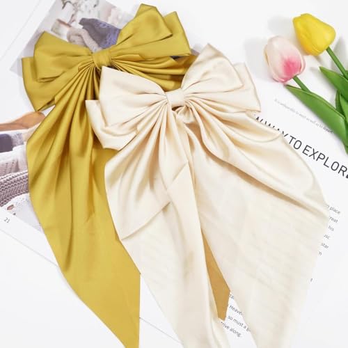 Silky Satin Bow Hair Clip with Long Tails, Light Blue, 2 Pcs