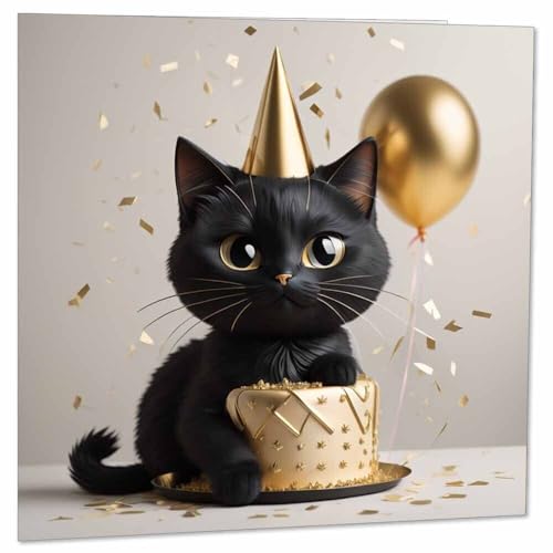 Cute Black Cat Birthday Card - Premium 145mm Eco-Friendly