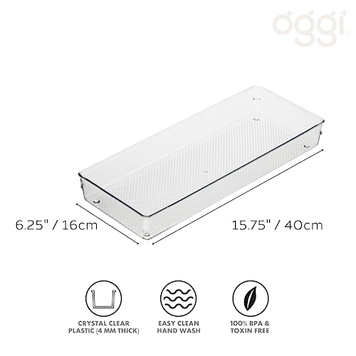 Oggi Clear Drawer Organizer 2-Pack - 6.25" x 15.75" Bins for Kitchen, Office, and Bathroom Storage
