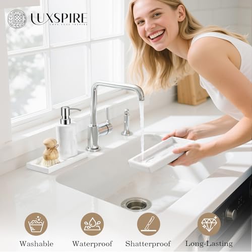 Luxspire Silicone Bathroom Vanity Tray, 7.9-Inch Marble White, 2-Pack