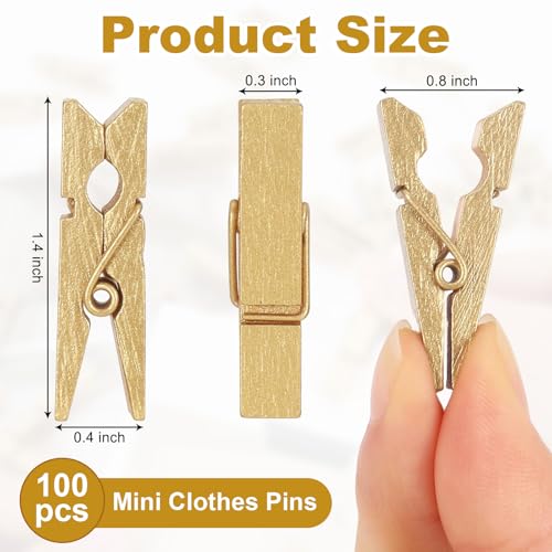 KINYFY 100 Pcs Gold Wooden Clothespins - 1.38 Inch Craft Clips for Photos