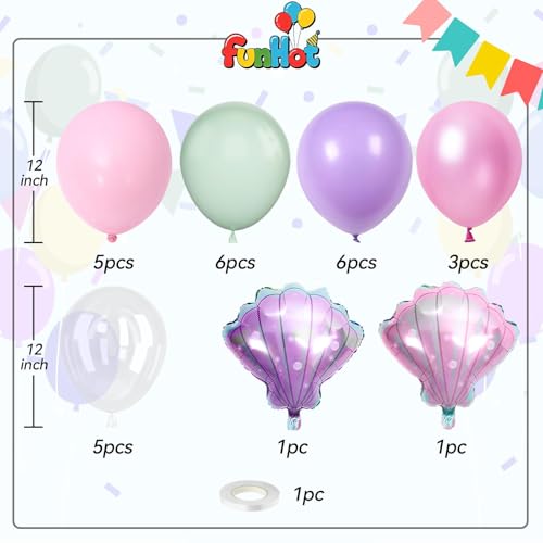 30PC Mermaid Balloon Kit - Pastel Pink, Purple & Green Seashell Party Decor