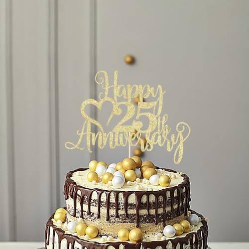 25th Anniversary Cake Topper - Glitter Golden Party Decor