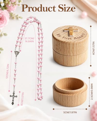 Pink Baptism Keepsake Rosary and Wooden Box Gift for Girls