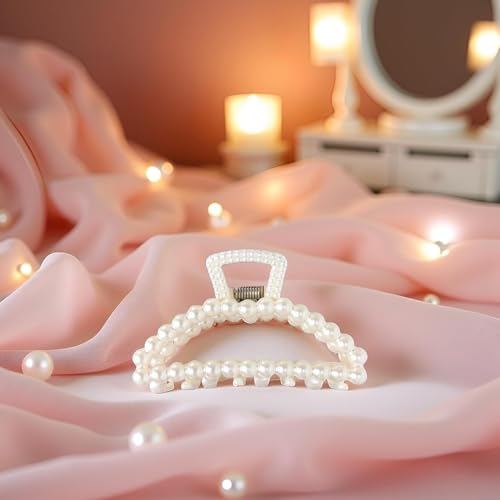 Cauaoa Large White Faux Pearl Hair Claw Clips for Thick Hair 2Pcs