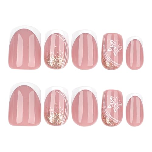 Square Press on Nails Butterfly Short Fake Nails French Acrylic