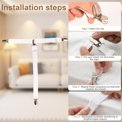 Adjustable Bed Sheet Straps with Anti-Slip Corner Clips - 4 Pack