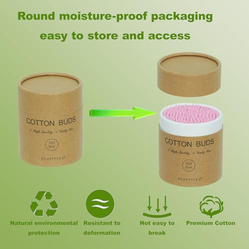 Pink Bamboo Cotton Swabs 200 Count - Dual-Tip Wooden Buds in Paper Tube