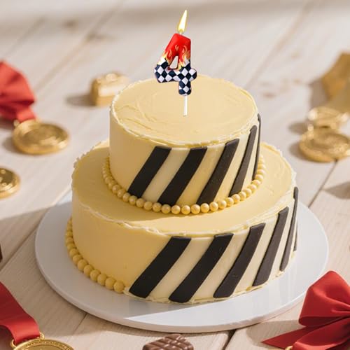 Number 4 Racing Car Birthday Candle, Black and White Checkered Wax Candle