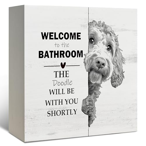 DAYOUER Black & White Goldendoodle Wooden Bathroom Sign - Funny Dog Decor, 5x5 Inches, Variation: Golden Doodle4