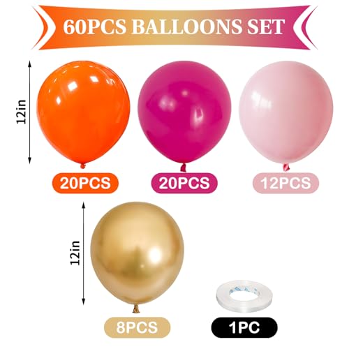 Hot Pink, Orange & Gold Balloons - 60pcs 12 Inch Birthday Party Decor