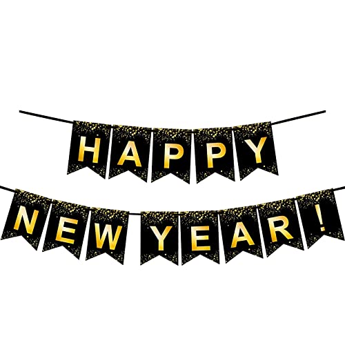 10FT Black and Gold Happy New Year Banner for Party Decorations