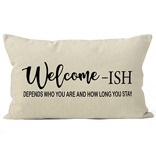Farmhouse Rustic Welcome Linen Throw Pillow Cover 12x20 Inch - Housewarming Gift