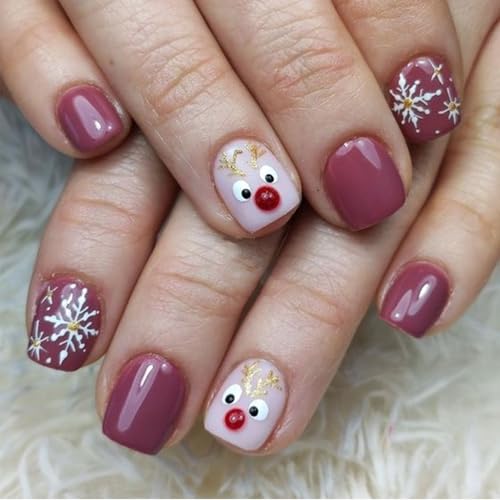 Christmas Press on Nails Short Square False Nails with Snowflake Design