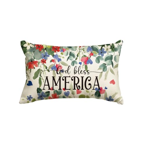 Patriotic 4th of July Throw Pillow Cover - 12x20 Inch God Bless America Decor
