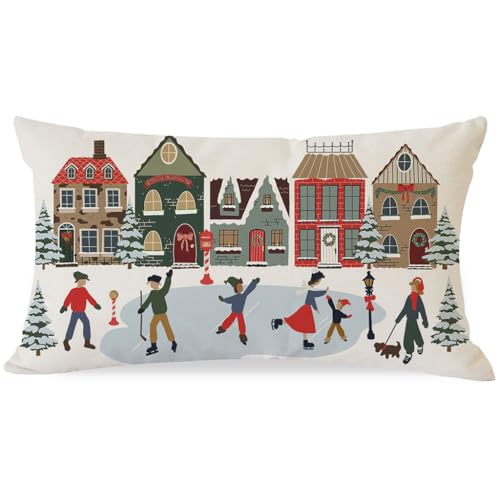 Holiday Throw Pillow Cover 12x20 - Village House Ice Skating