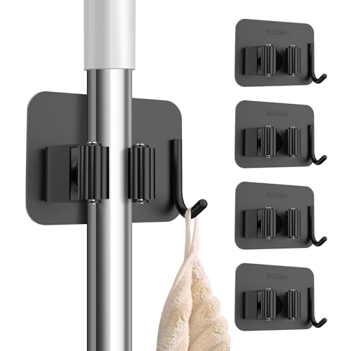 Nacena 4 Pack No Drill Self-Adhesive Broom Mop Holder - Heavy Duty Organizer for Kitchen & Garage
