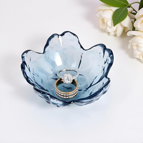 Crystal Blue Flower Ring Dish - Decorative Glass Jewelry Tray