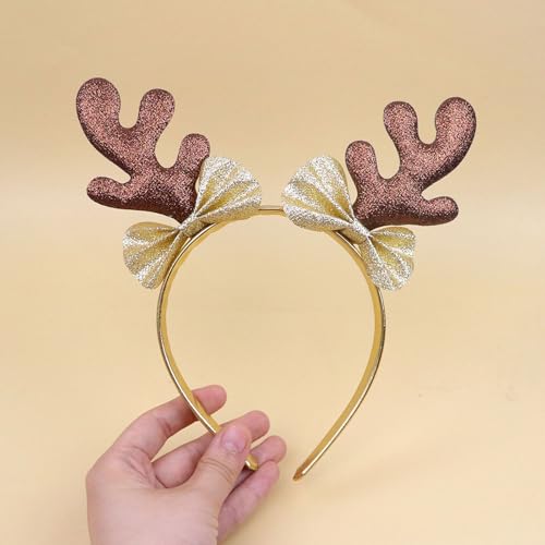 Ecuupas Christmas Antler Headband with Gold Bow Deer Ears Hair Hoop