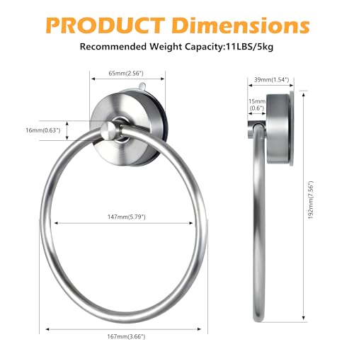 YOHOM Silver Suction Cup Towel Ring - No Drill Bathroom Hand Towel Holder