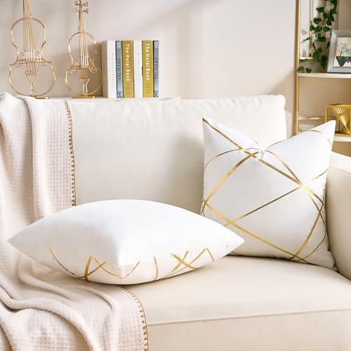 White Velvet Decorative Pillow Covers 16x16 - Pack of 2 with Gold Foil Design